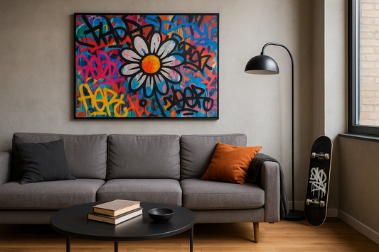 Urban apartment decorated with graffiti print and skate-inspired objects