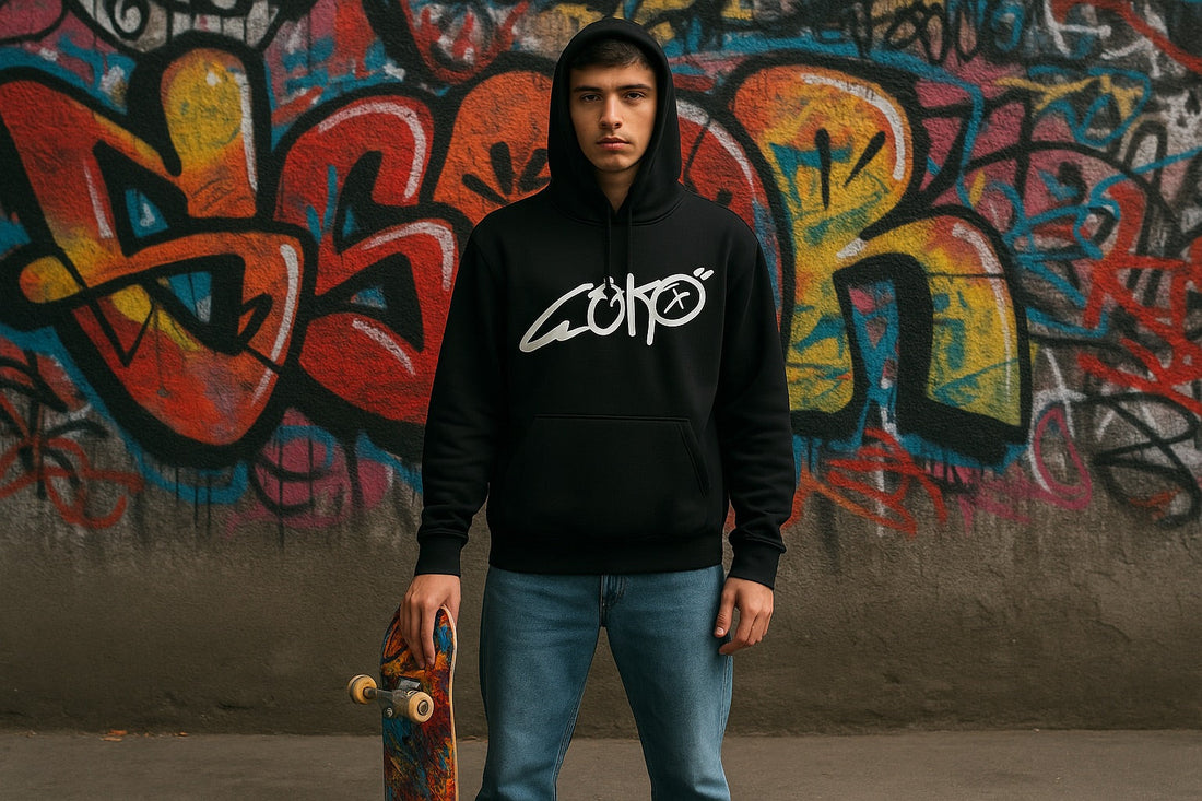 Young man in black hoodie with bold white Geko graffiti logo, holding a skateboard, standing in front of a colourful graffiti wall in an urban streetwear setting.