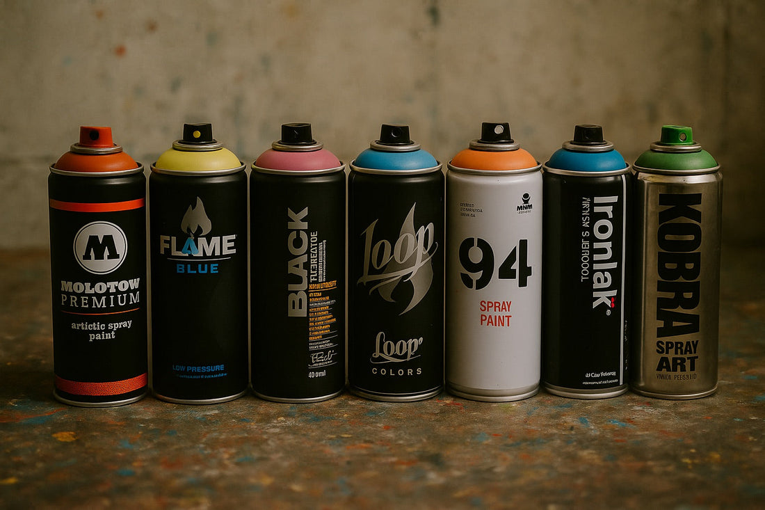 Photorealistic close-up of seven graffiti spray paint brands lined up on a messy worktable, showcasing the best spray paints for beginners