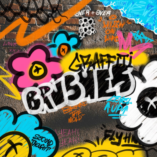 Procreate graffiti brushes fat cap effects—cover with tags, bubble letters and flowers on brick wall with wide flares.