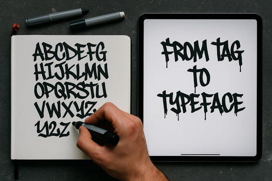 Graffiti hand-style alphabet in sketchbook beside tablet showing digital text “FROM TAG TO TYPEFACE