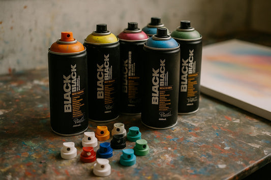 Montana Black spray paint cans with colorful caps on a messy graffiti worktable