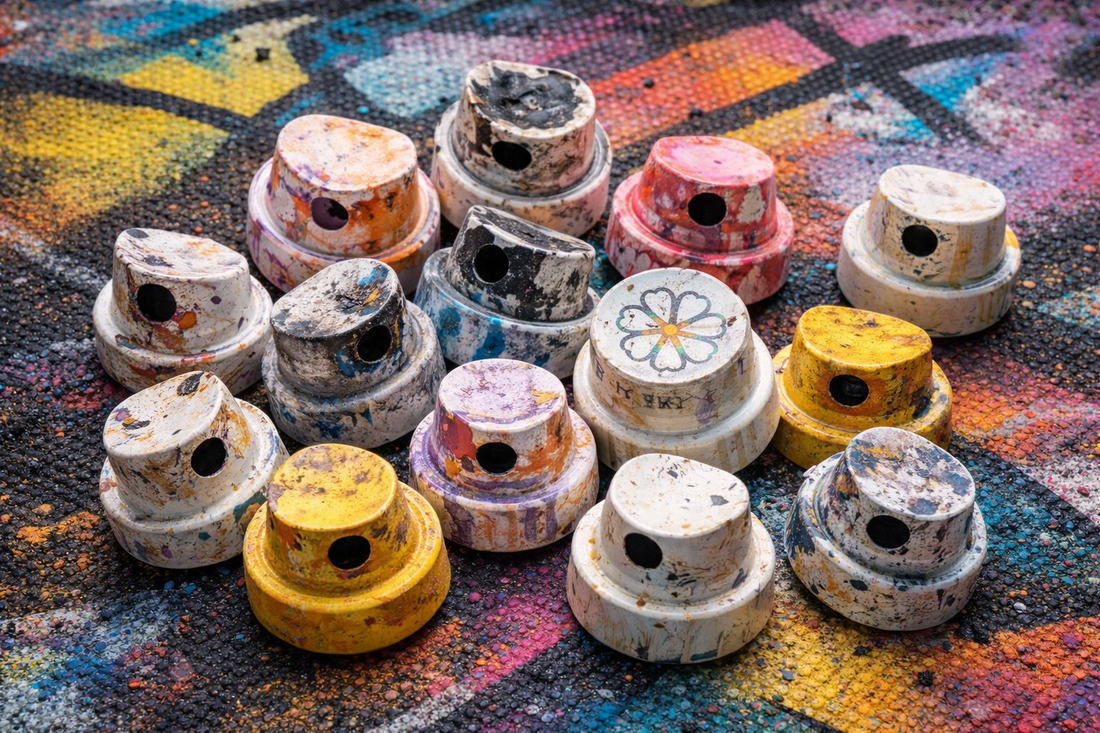 Used spray caps on graffiti canvas