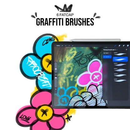Procreate graffiti brushes fat cap set—six spray tips displayed on iPad, vibrant flower tags and overspray background.