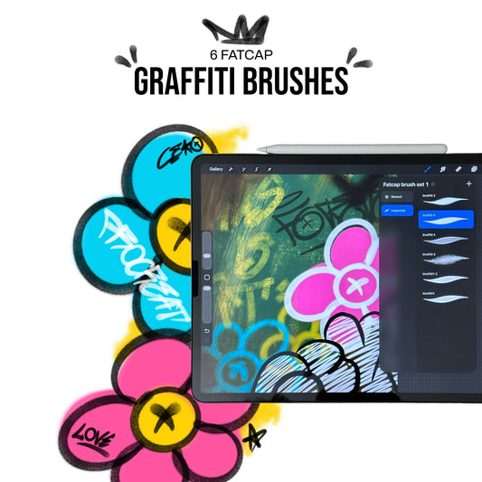 Procreate graffiti brushes fat cap set—six spray tips displayed on iPad, vibrant flower tags and overspray background.