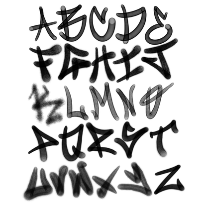 Procreate graffiti brushes fat cap set—A–Z alphabet typography, tapered spray lines and soft overspray, tag-style letters.