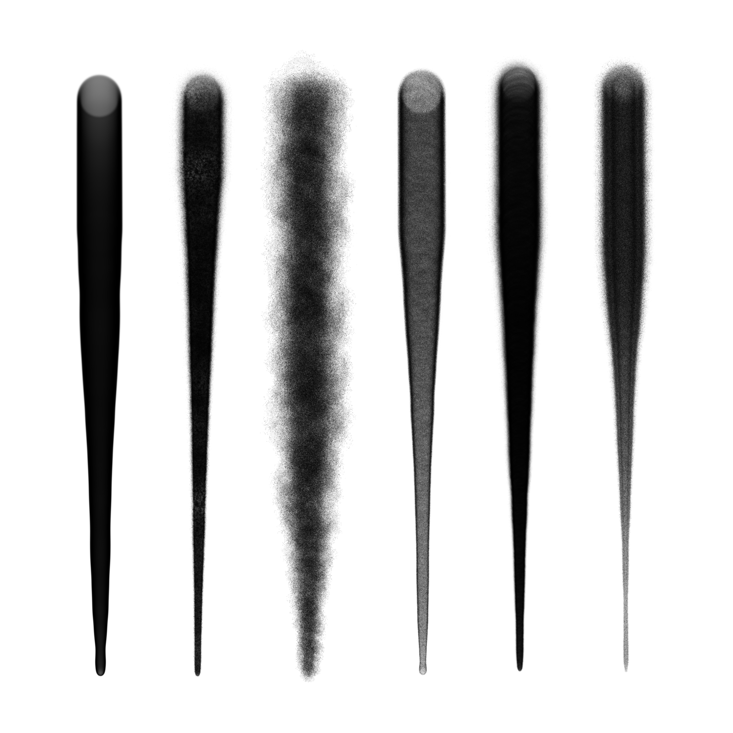 Procreate graffiti brushes fat cap set—six wide spray lines with soft overspray and varied textures in black on white.