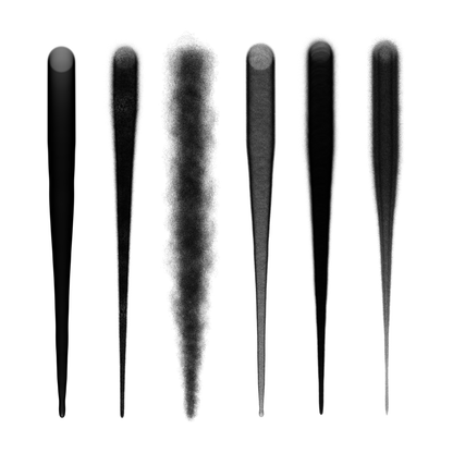 Procreate graffiti brushes fat cap set—six wide spray lines with soft overspray and varied textures in black on white.