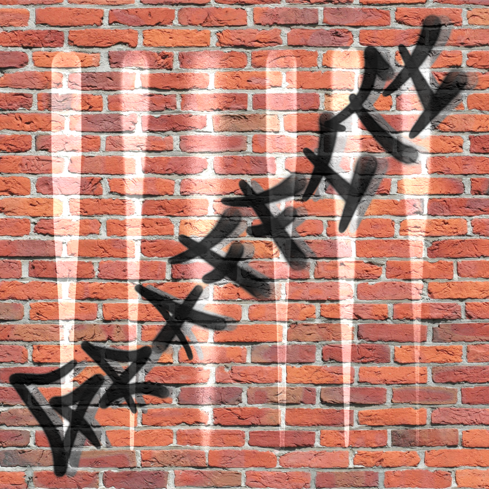 Procreate graffiti brushes fat cap effect—wide spray paint flares, soft overspray and black tag on a red brick wall.