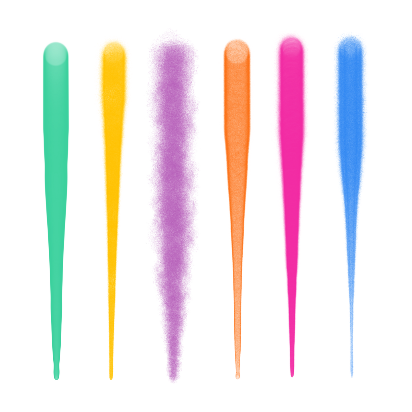 Procreate graffiti brushes fat cap set—six wide spray lines with soft overspray in teal, yellow, purple, orange, pink, blue.