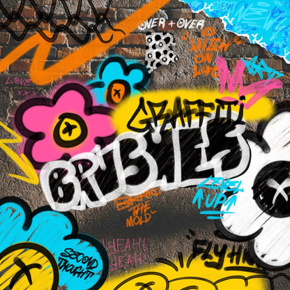 Procreate graffiti brushes fat cap effects—cover with tags, bubble letters and flowers on brick wall with wide flares.
